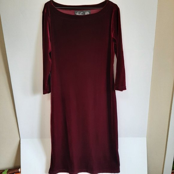 Kathie Lee Collection Burgundy Round Neck Stretch Velvet Long Sleeve Dress - Picture 1 of 5